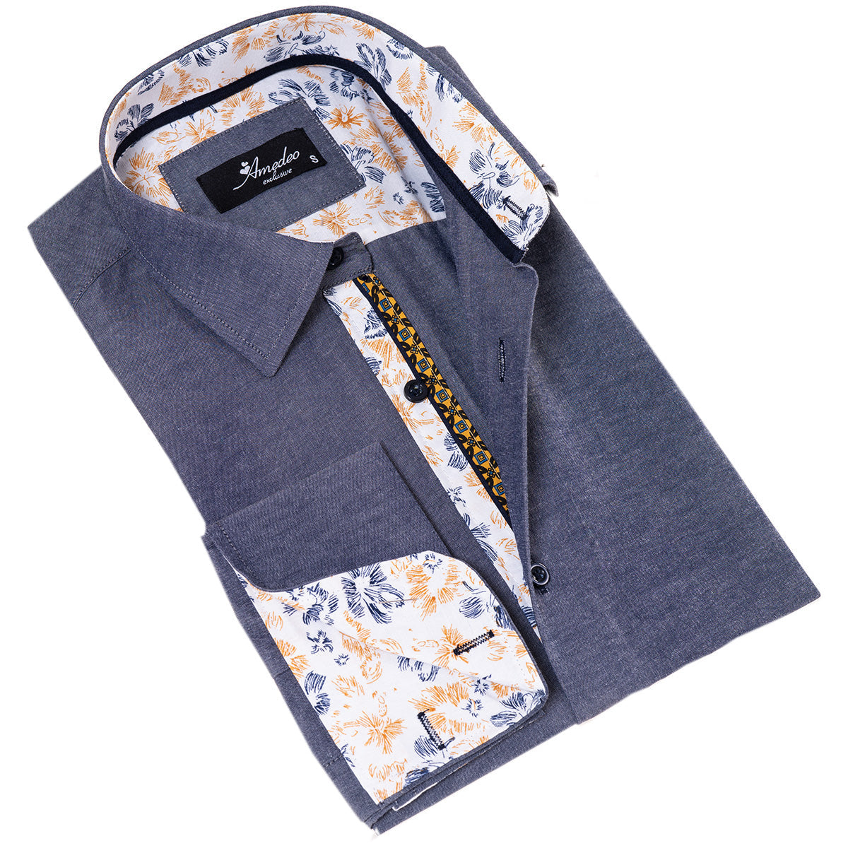 Bluish inside Floral Mens Slim Fit Designer French Cuff Shirt -